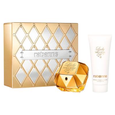 KIT COFFRET RABANNE LADY MILLION EDP PERF FEM 80ML + CREME 100ML - CX DOURADA E PRATA