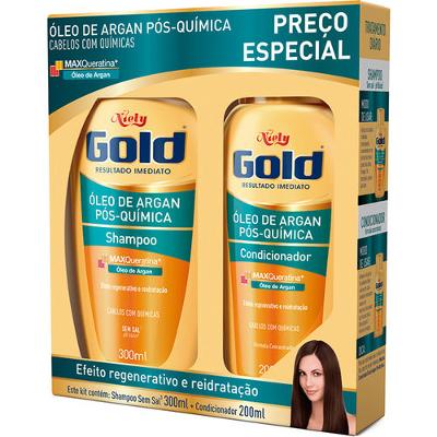 KIT NIELY GOLD ÓLEO DE ARGAN PÓS-QUÍMICA 1 SHAMPOO DE 300ML + 1 CONDICIONADOR DE 200ML