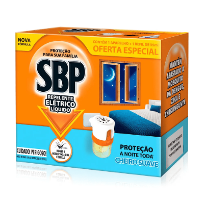 Repelente Elétrico Líquido SBP 45 Noites Cheiro Suave Novo Aparelho + Refil
