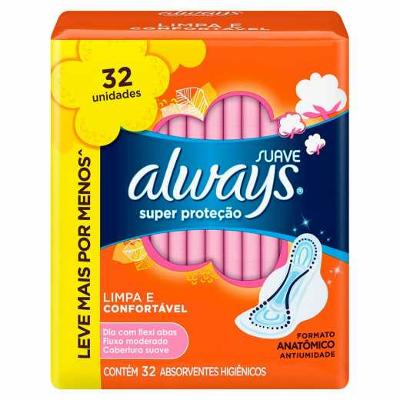 ABSORVENTE ALWAYS SUPER PROTEÇÃO COBERTURA SUAVE COM ABAS 32 UNIDADES LEVE MAIS POR MENOS