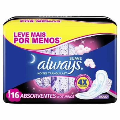 ABSORVENTE ALWAYS NOITES TRANQUILAS SUAVE COM ABAS COM 16 UNIDADES