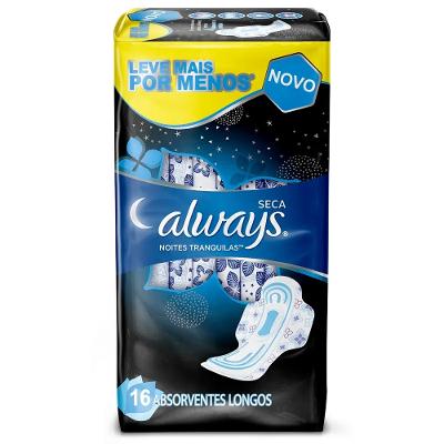 ABSORVENTE ALWAYS NOITES TRANQUILAS COBERTURA SECA COM ABAS PAGUE 14 ELEVE 16 UNIDADES
