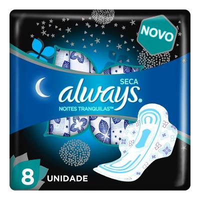 ABSORVENTE ALWAYS NOITES TRANQUILAS COBERTURA SECA COM ABAS 8 UNIDADES