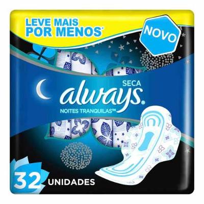 ABSORVENTE ALWAYS NOITES TRANQUILAS COBERTURA SECA COM ABAS 32 UNIDADES - LEVE MAIS PAGUE MENOS