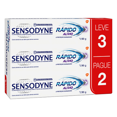 KIT PASTA DE DENTE SENSODYNE RÁPIDO ALÍVIO PARA DENTES SENSÍVEIS COM 3 UNIDADES
