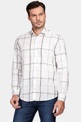 Camisa Aramis Manga Longa  SlimTricoline Off White Com Cáqui
