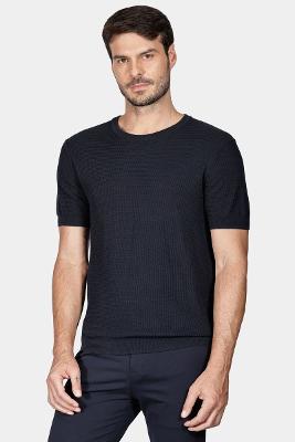 Tricot Aramis Manga Curta Jacquard Ponto Fantasia Marinho