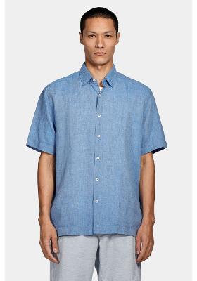 Camisa Aramis Manga Curta Regular Ampla Linho Algodão Azul