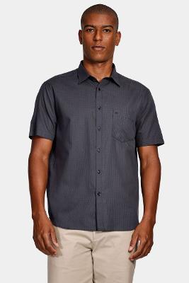 Camisa Manga Curta Cosmo Regular Algodão Micro Xadrez Damero Com Bolso Cinza Escuro
