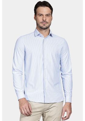 Camisa Slim Listrada Azul Claro Com Branco