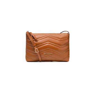 Bolsa Transversal Feminina de Couro Zig Zag Matelasse Pequena Caramelo