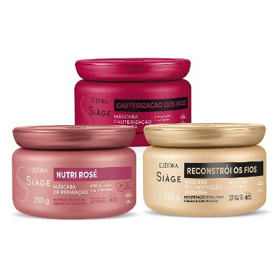 Eudora Kit Máscara Capilar Siàge: Cauterização dos Fios 250g + Reconstrói os Fios 250g + Nutri Rosé 250g