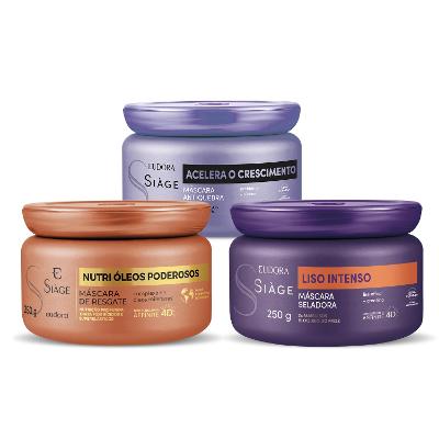Eudora Kit Máscara Capilar Siàge: Acelera o Crescimento 250g + Liso Intenso 250g + Óleos Poderosos 250g