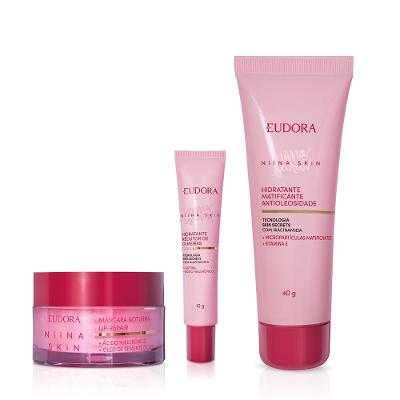 Eudora Kit Niina Skin: Matificante Antioleosidade 40g + Redutor de Olheiras 15g + Máscara Labial Noturna 9g