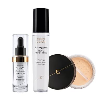 Eudora Kit Skin Perfection Pele Branca Pó Solto + Primer Glow + Bruma Fixadora
