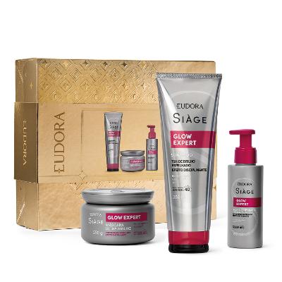 Eudora Siàge Glow Expert Kit Presente Natal: Shampoo 250ml + Máscara Capilar Ultra Brilho 250g + Balm Disciplinante Finalizador Capilar 100ml