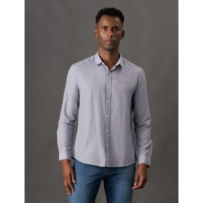 Camisa Manga Longa Slim Listrada Silk Logo Calvin Klein Jeans - Azul Marinho