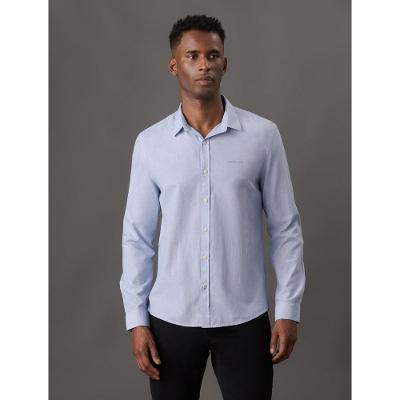 Camisa Manga Longa Slim Listrada Silk Logo Calvin Klein Jeans - Azul Médio