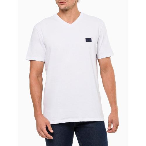 Camiseta Masculina Gola v Básica Logo No Peito Calvin Klein Jeans - Branco