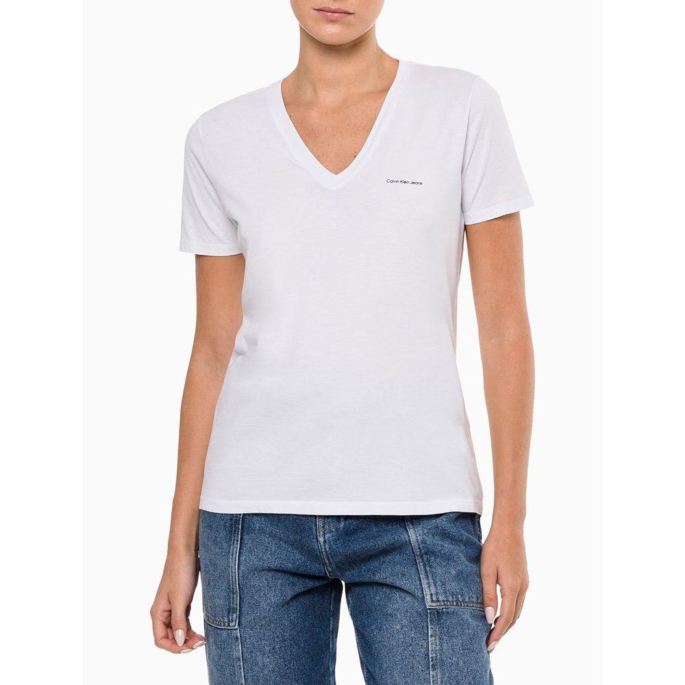 Camiseta Feminina Decote v Slim Logo No Peito Calvin Klein Jeans - Branco - 1