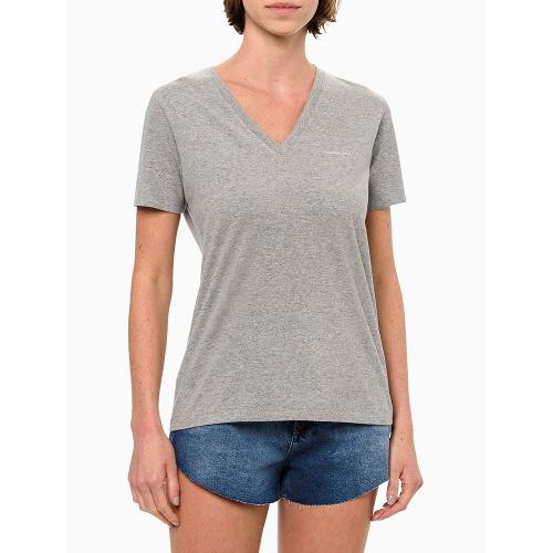 Camiseta Feminina Decote v Slim Logo No Peito Calvin Klein Jeans - Cinza