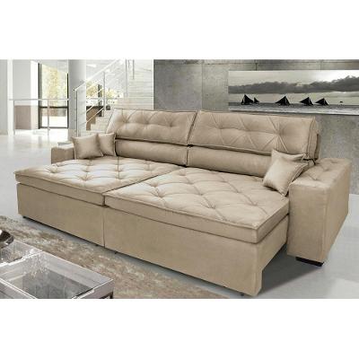 Sofá Austin 2,82m Retrátil, Reclinável com Molas no Assento e Almofadas, Suede Bege Cama inBox