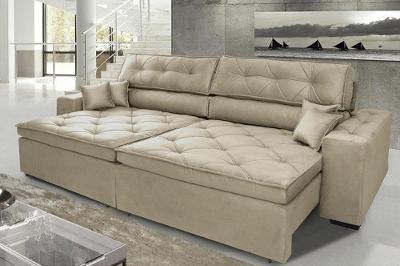 Sofá Austin 3,02m Retrátil, Reclinável com Molas no Assento e Almofadas, Suede Bege Cama inBox