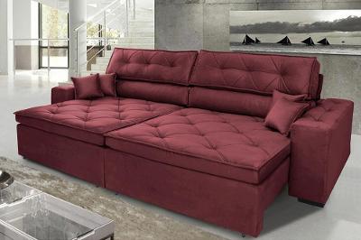 Sofá Austin 3,02m Retrátil, Reclinável com Molas no Assento e Almofadas, Tecido Suede Vinho