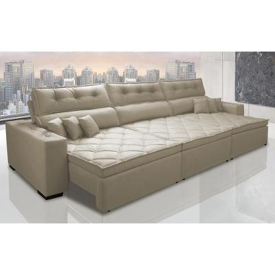 Sofá Austin 3,22m Retrátil, Reclinável com Molas no Assento e Almofadas, Suede Bege Cama inBox