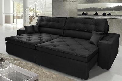 Sofá Austin 3,02m Retrátil, Reclinável com Molas no Assento e Almofadas, Suede Preto Cama inBox