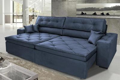 Sofá Austin 3,02m Retrátil, Reclinável com Molas no Assento e Almofadas, Suede Azul Cama inBox