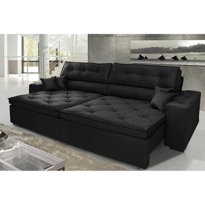 Sofá Austin 2,22m Retrátil, Reclinável com Molas no Assento e Almofadas, Suede Preto Cama inBox