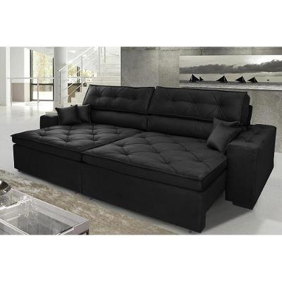 Sofá Austin 2,82m Retrátil, Reclinável com Molas no Assento e Almofadas, Tecido Suede Preto