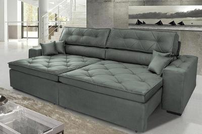 Sofá Austin 3,02m Retrátil, Reclinável com Molas no Assento e Almofadas, Suede Grafite Cama inBox