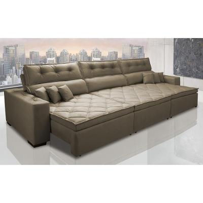 Sofá Austin 3,22m Retrátil, Reclinável com Molas no Assento e Almofadas, Suede Castor Cama inBox