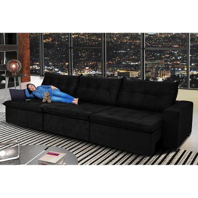 Sofá Austrália 3,82 Mts Retrátil, Reclinável Com Molas e Pillow no Assento Tecido Suede Preto