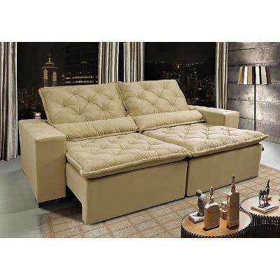 Sofá Lisboa 3,12m Retrátil, Reclinável com Molas no Assento Tecido Suede Velusoft Bege - Cama InBox