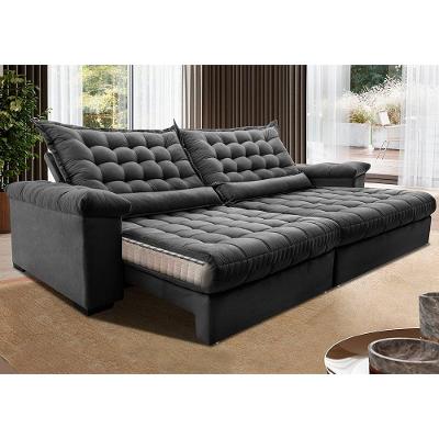 Sofá Retrátil e Reclinável 2,15m Molas Ensacadas Cama inBox Big Space com Bordado 3D Velusoft Cinza