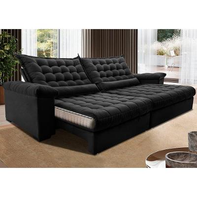 Sofá Retrátil e Reclinável 2,15m Molas Ensacadas Cama inBox Big Space com Bordado 3D Velusoft Preto