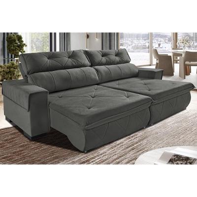 Sofá Retrátil e Reclinável 2,50m Cama inBox Tókio com Molas e Bordado 3D Velusoft Cinza