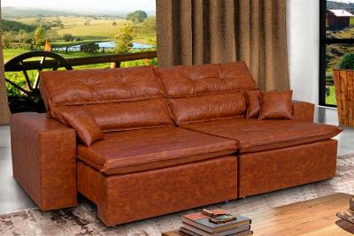 Sofá Tourino 2,32m Retrátil Reclinável, Molas e Pillow no Assento Tecido Courino Caramelo Cama InBox