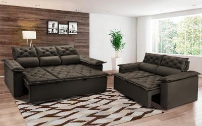 Conjunto de Sofá 3 e 2 Lugares Retrátil e Reclinável Cama inBox Compact 2,00x1,50m Velusoft Café