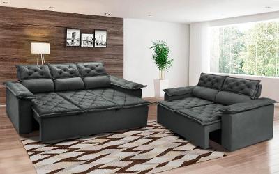 Conjunto de Sofá 3 e 2 Lugares Retrátil e Reclinável Cama inBox Compact 2,00x1,50m Velusoft Cinza