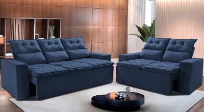 Conjunto de Sofá 3 e 2 Lugares Retrátil e Reclinável 2,00x1,50m Cama inBox Smal Suede Azul