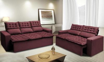 Conjunto de Sofá 3 e 2 Lugares Retrátil e Reclinável Cama inBox Slim 2,00x1,50m Velusoft Vinho