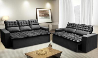 Conjunto de Sofá 3 e 2 Lugares Retrátil e Reclinável Cama inBox Slim 2,00x1,50m Velusoft Preto