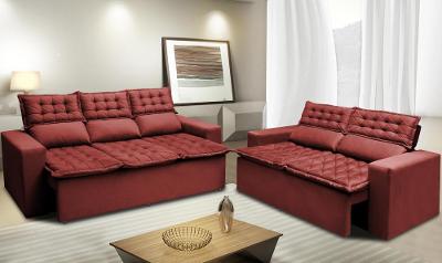 Conjunto de Sofá 3 e 2 Lugares Retrátil e Reclinável Cama inBox Slim 2,00x1,50m Velusoft Vermelho