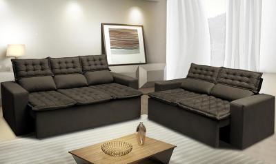 Conjunto de Sofá 3 e 2 Lugares Retrátil e Reclinável Cama inBox Slim 2,00x1,50m Velusoft Café
