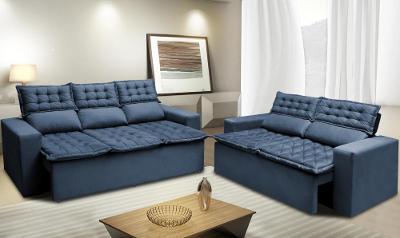 Conjunto de Sofá 3 e 2 Lugares Retrátil e Reclinável Cama inBox Slim 2,00x1,50m Velusoft Azul