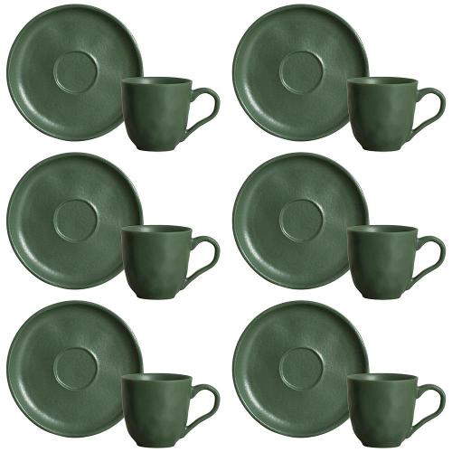 Conjunto com 6 Xícaras e Pires para Café Porto Brasil Bio Leaf em Stoneware Verde - 120 ml